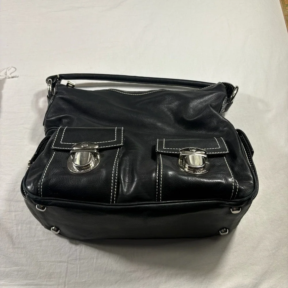 Authentic Marc Jacobs Shoulder Bag Black Pre-Owned Leather Push Lock Hobo - Picture 2 of 12